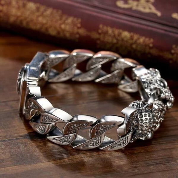 Bracelets for Men S925 Silver Mens Leopard Horsetail Woven Double Leopard Head Bracelet Locomotive Cool Buckle Mens