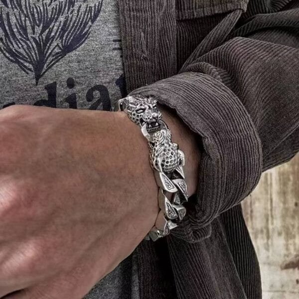 Bracelets for Men S925 Silver Mens Leopard Horsetail Woven Double Leopard Head Bracelet Locomotive Cool Buckle Mens