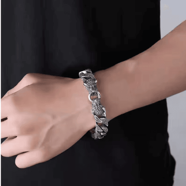 Bracelets for Men S925 Silver Mens Leopard Horsetail Woven Double Leopard Head Bracelet Locomotive Cool Buckle Mens