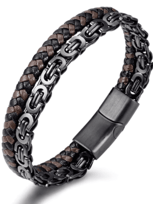 Luxury Men Bracelet Stacked Genuine Leather Bracelets for Men Gentle Braided Black Brown Real Leather Bangle Byzantine Chain