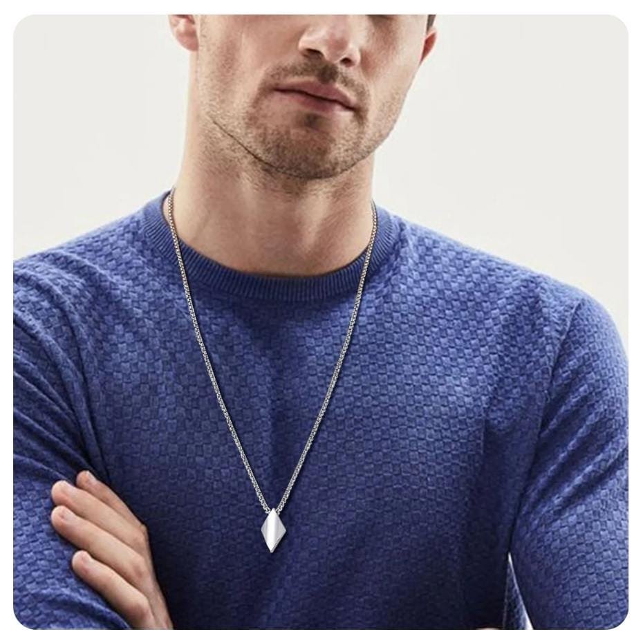 New Pendant Rhombus Necklace for Men Stainless Steel Geometric Pendant with Adjustable Box Chain Simple Classic Minimalist