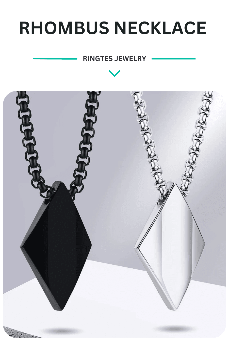 New Pendant Rhombus Necklace for Men Stainless Steel Geometric Pendant with Adjustable Box Chain Simple Classic Minimalist