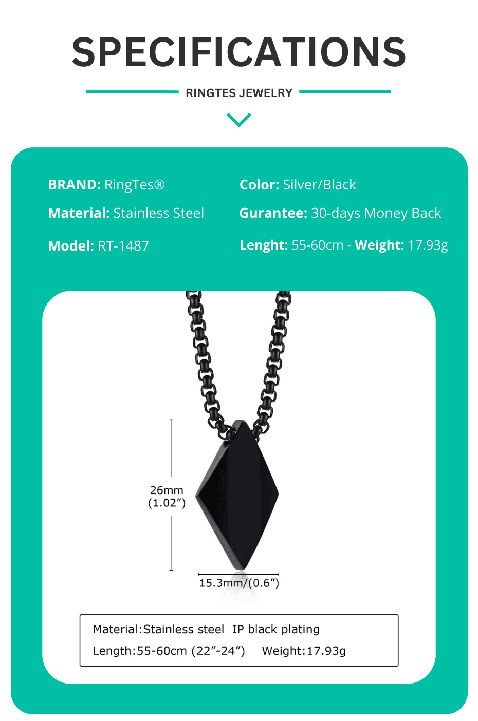 New Pendant Rhombus Necklace for Men Stainless Steel Geometric Pendant with Adjustable Box Chain Simple Classic Minimalist