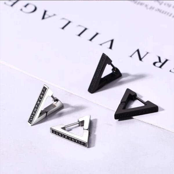 Vintage Norse Viking Runes Silver Black Earrings Triangle Titanium Steel Nordic Piercing Ear Studs