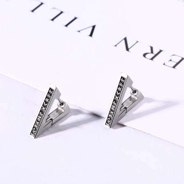 Vintage Norse Viking Runes Silver Black Earrings Triangle Titanium Steel Nordic Piercing Ear Studs