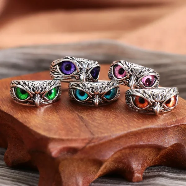 Wisdom Owl Rings Vintage Owl Rings For Women Men Design Multicolor Owl Eye Finger Rings Silver Color Adjustable Opening