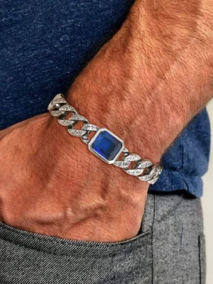 Chunky Cuban Chain Bracelet with Blue Stone for Men