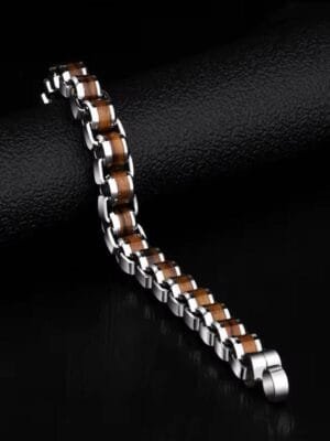 Tungsten-Carbide-Chain-Bracelet-with-Natural-Wood-Inlay