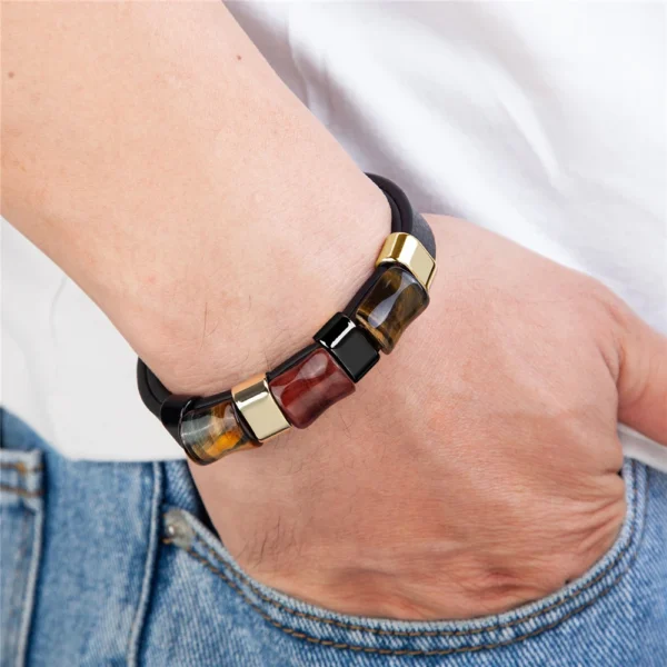 New Fashion Tigers Eye Stone Bracelet Chakra Jewelry with Leather & Steel Charm