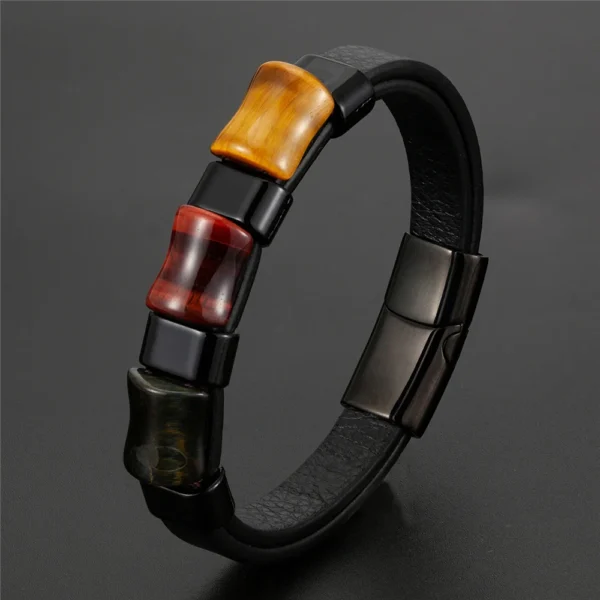 New Fashion Tigers Eye Stone Bracelet Chakra Jewelry with Leather & Steel Charm