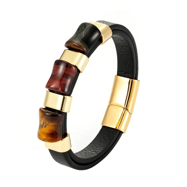 New Fashion Tigers Eye Stone Bracelet Chakra Jewelry with Leather & Steel Charm