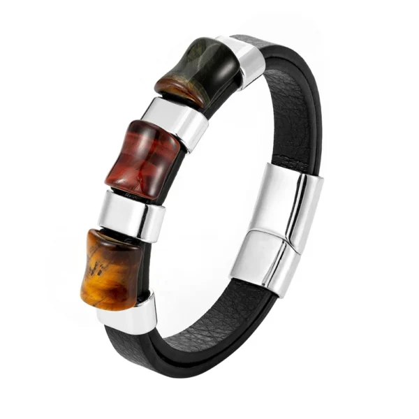 New Fashion Tigers Eye Stone Bracelet Chakra Jewelry with Leather & Steel Charm