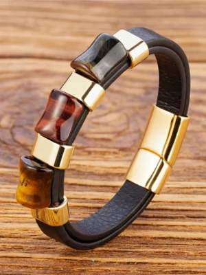 New Fashion Tigers Eye Stone Bracelet Chakra Jewelry with Leather & Steel Charm