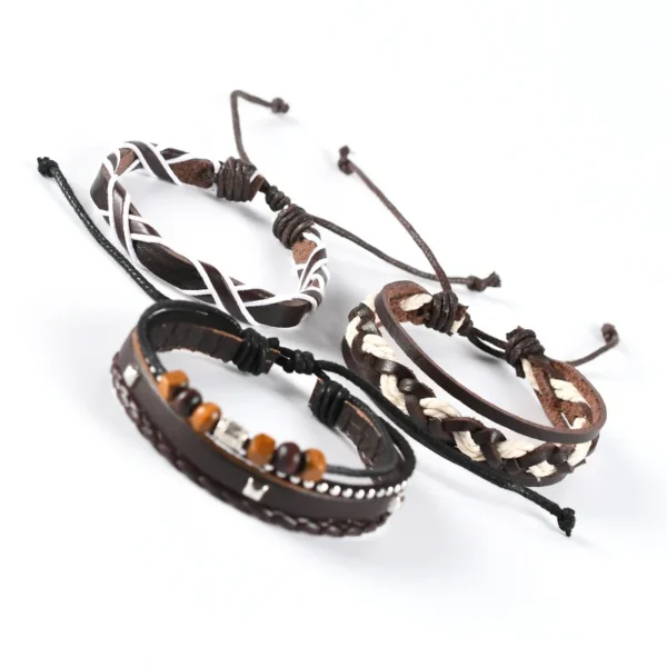 Set of Braided Leather Bracelets for Men Vintage Tree of Life & Rudder Charm Design