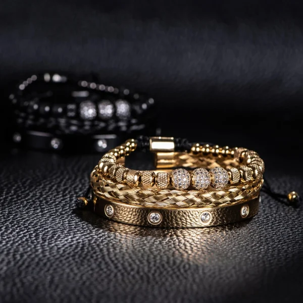 3PCS Luxury Micro Pave CZ Beaded Bracelets for Men, Stainless Steel Royal Charm