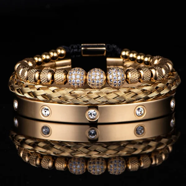 3PCS Luxury Micro Pave CZ Beaded Bracelets for Men, Stainless Steel Royal Charm