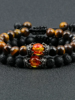 Black Lava Stone & Tiger Eye Beads Bracelet with Crown Charm Adjustable Unisex Jewelry