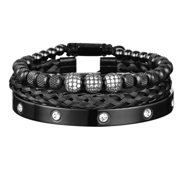 3PCS Luxury Micro Pave CZ Beaded Bracelets for Men, Stainless Steel Royal Charm
