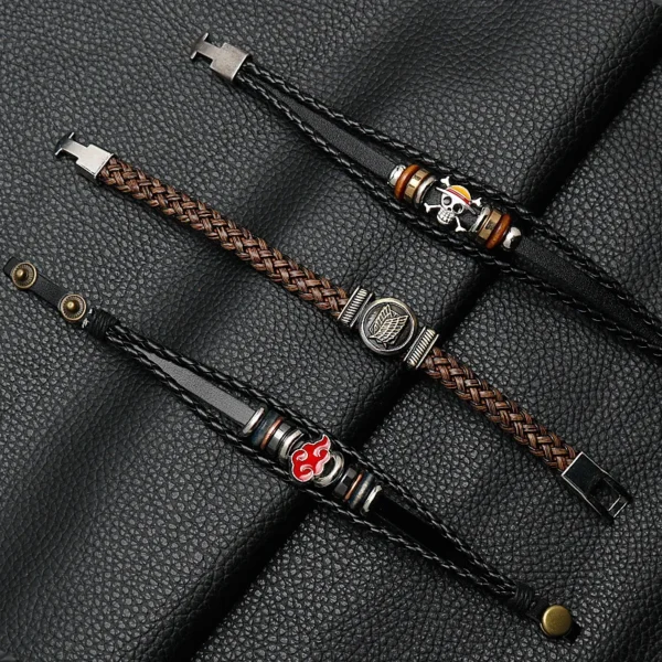 One Piece Pirate Bracelet Luffy Straw Hat Punk Black Leather Woven Design