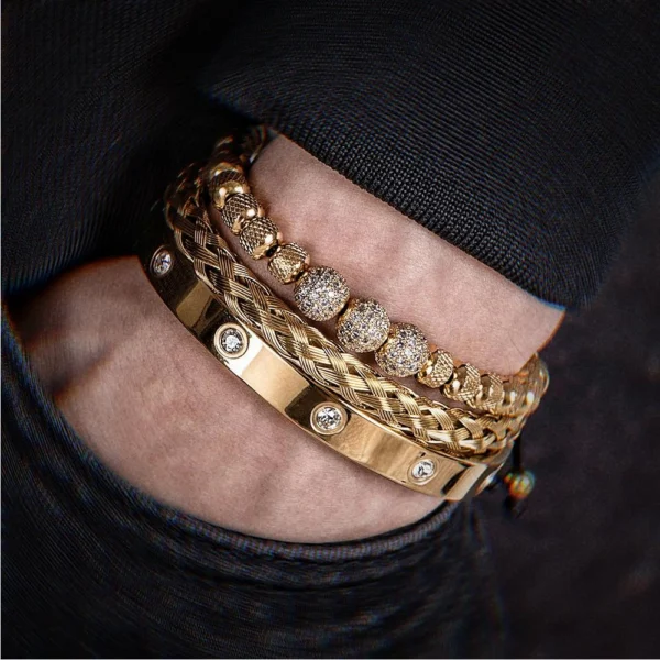 3PCS Luxury Micro Pave CZ Beaded Bracelets for Men, Stainless Steel Royal Charm