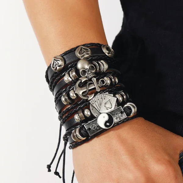 5-Piece Punk Style Bracelet Set PU Leather & Beads