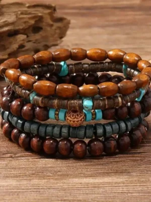 5 Pcs/Set Retro Wooden Bead Bracelets – Coconut Shell Design for Men & Women