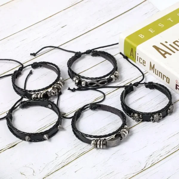 5-Piece Punk Style Bracelet Set PU Leather & Beads, DIY Braided Design