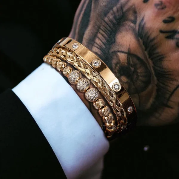 3PCS Luxury Micro Pave CZ Beaded Bracelets for Men, Stainless Steel Royal Charm