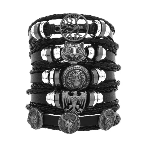 5-Piece Punk Style Bracelet Set PU Leather & Beads