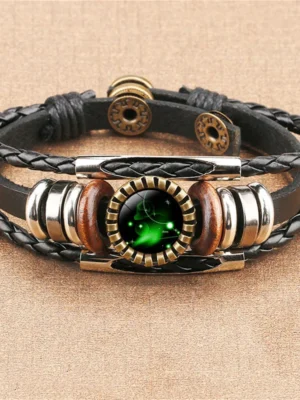 12 Constellation Zodiac Leather Bracelet – Black Braided Punk Design for Men