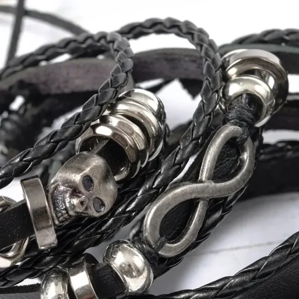 5-Piece Punk Style Bracelet Set PU Leather & Beads, DIY Braided Design