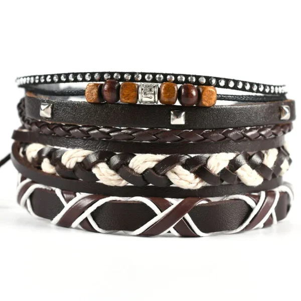 Set of Braided Leather Bracelets for Men Vintage Tree of Life & Rudder Charm Design