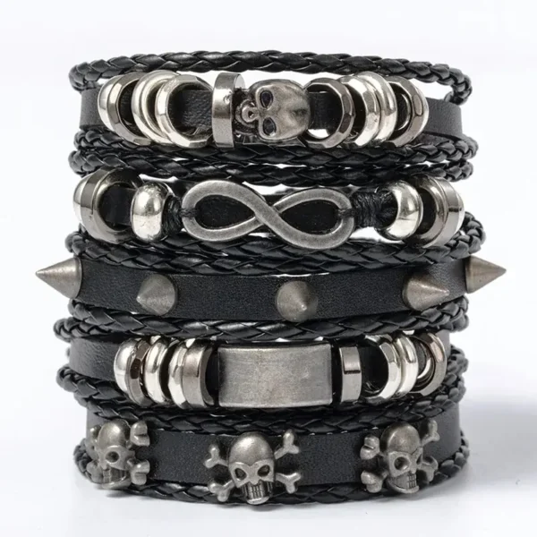 5-Piece Punk Style Bracelet Set PU Leather & Beads, DIY Braided Design