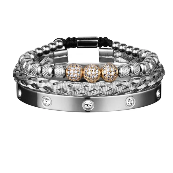 3PCS Luxury Micro Pave CZ Beaded Bracelets for Men, Stainless Steel Royal Charm