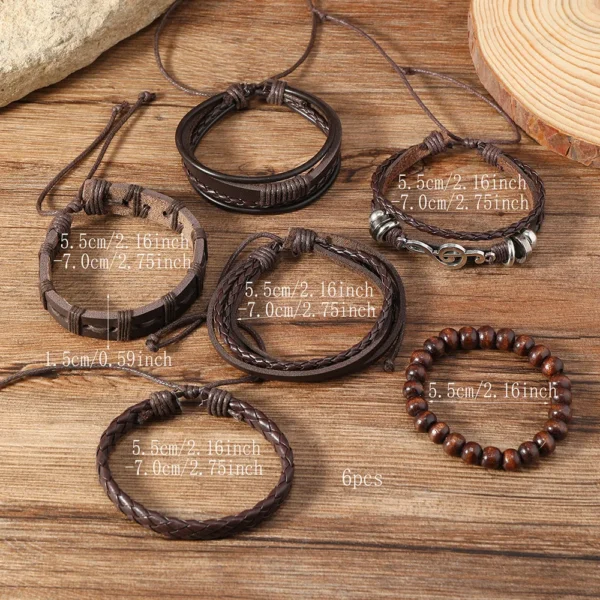 6-Piece Set of Trendy Woven Leather Bracelets for Men