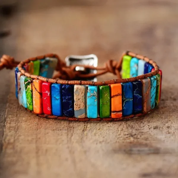 Bohemian Multicolor Emperor Stone Bracelet – 7 Chakra Healing Leather Bangle