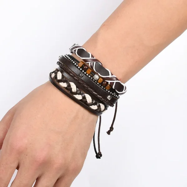 Set of Braided Leather Bracelets for Men Vintage Tree of Life & Rudder Charm Design