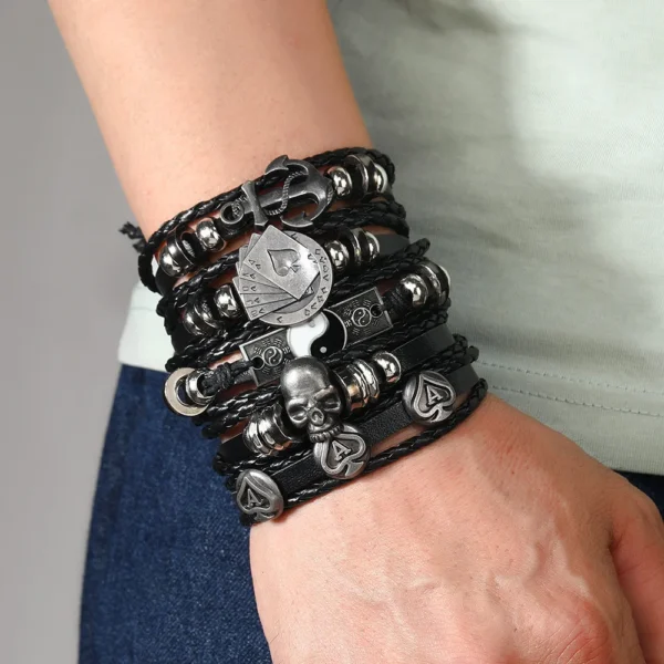 5-Piece Punk Style Bracelet Set PU Leather & Beads