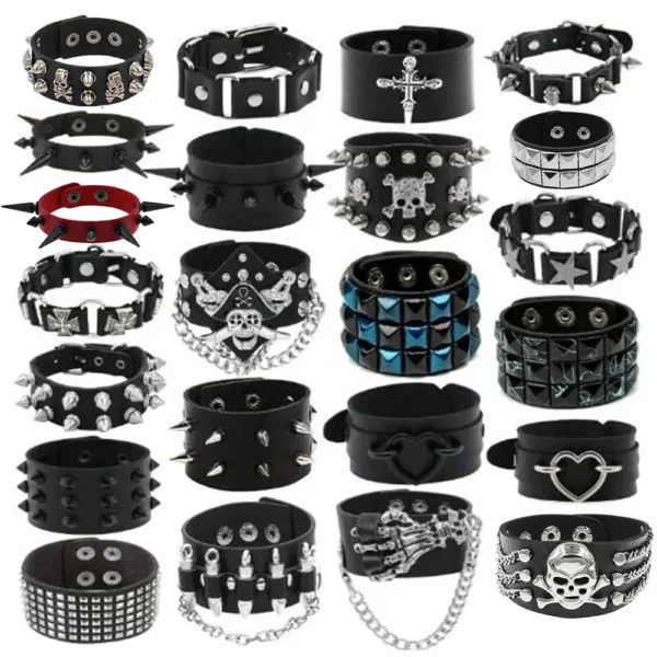 Rock PU Leather Bracelet Punk Spikes, Rivets, Skull & Heart Design