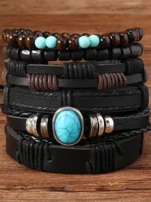 Vintage Ethnic Leather Bracelet Set for Men Turquoise Beads & Lace-Up Design