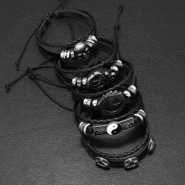 5-Piece Punk Style Bracelet Set PU Leather & Beads