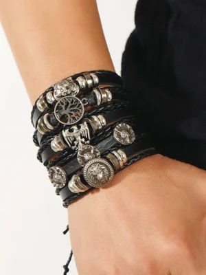 5-Piece Punk Style Bracelet Set PU Leather & Beads