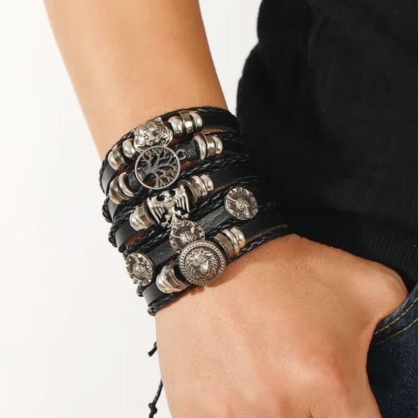 5-Piece Punk Style Bracelet Set PU Leather & Beads