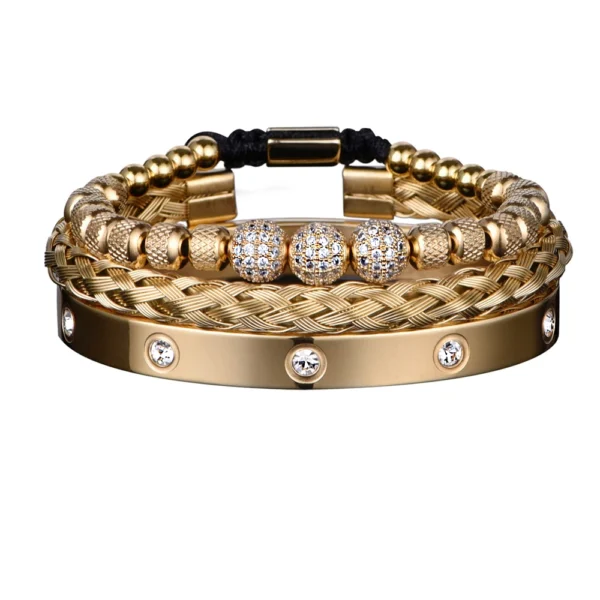 3PCS Luxury Micro Pave CZ Beaded Bracelets for Men, Stainless Steel Royal Charm