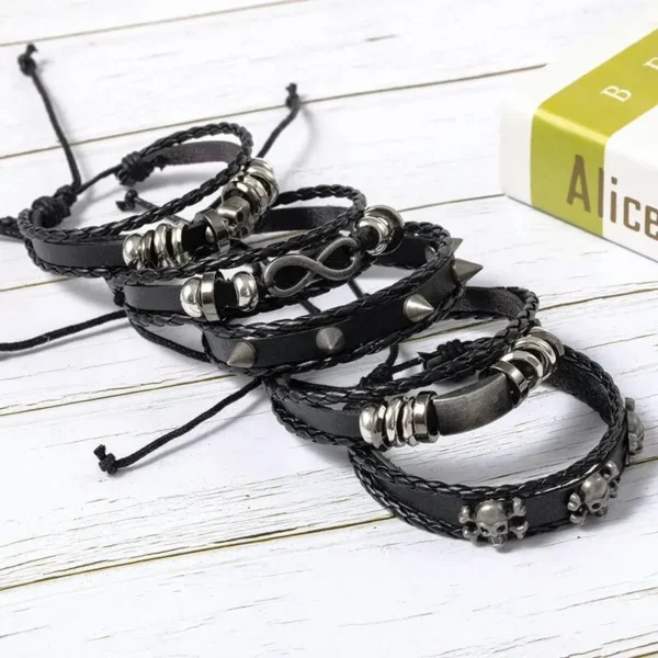 5-Piece Punk Style Bracelet Set PU Leather & Beads, DIY Braided Design
