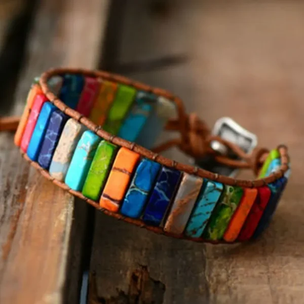 Bohemian Multicolor Emperor Stone Bracelet – 7 Chakra Healing Leather Bangle
