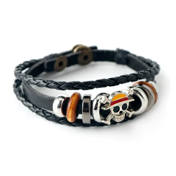 One Piece Pirate Bracelet Luffy Straw Hat Punk Black Leather Woven Design