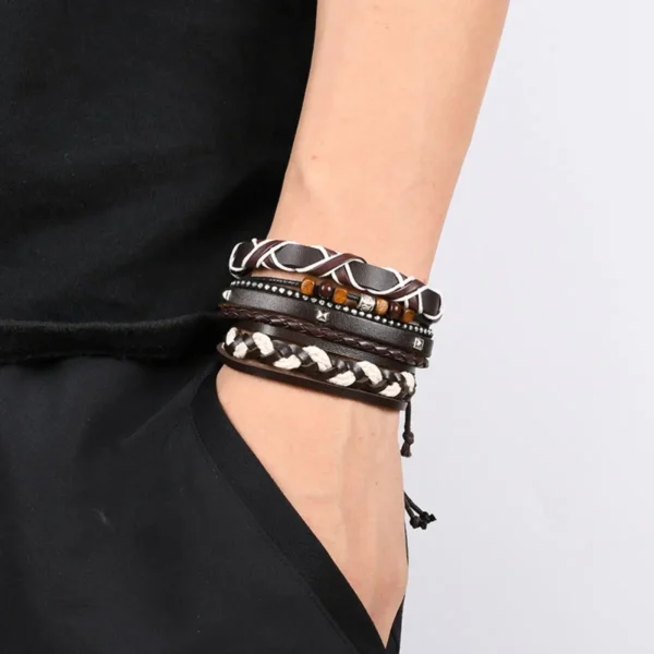 Set of Braided Leather Bracelets for Men Vintage Tree of Life & Rudder Charm Design