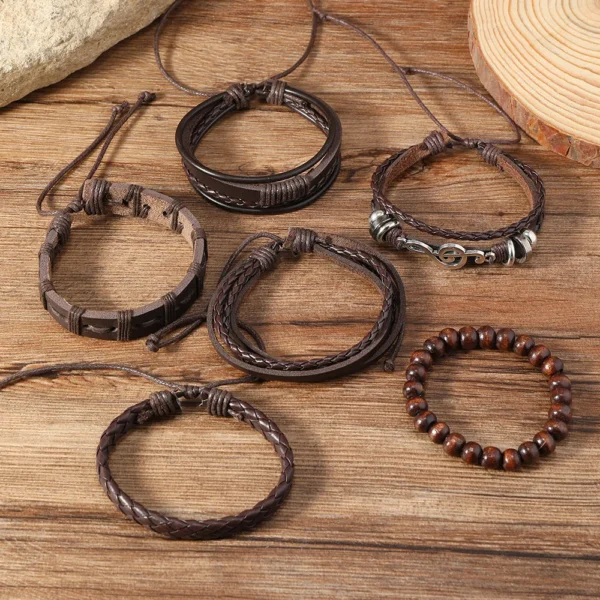 6-Piece Set of Trendy Woven Leather Bracelets for Men