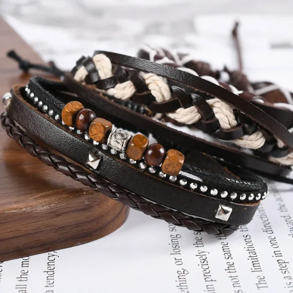 Set of Braided Leather Bracelets for Men Vintage Tree of Life & Rudder Charm Design